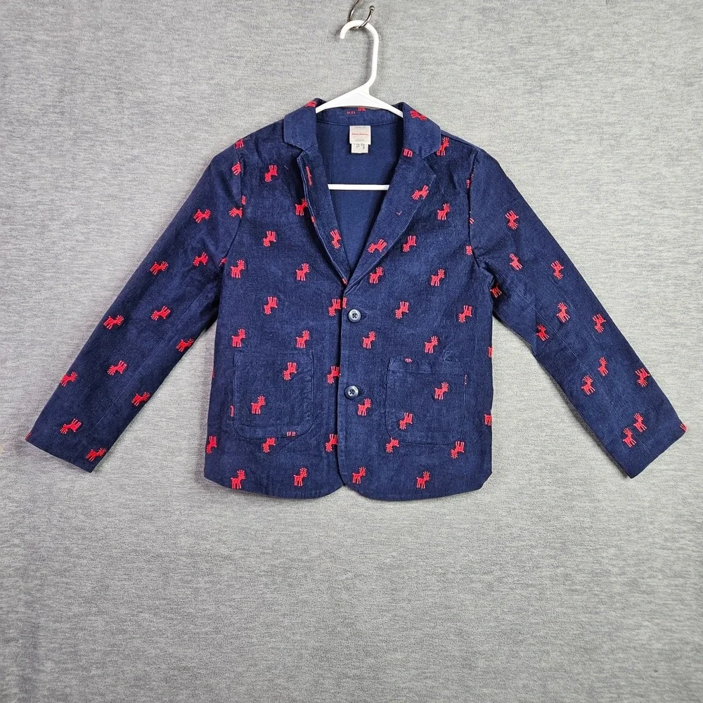 Hanna Andersson Unisex Kids Blue Red Moose Corduroy Blazer Sz US 8 / 130 cm